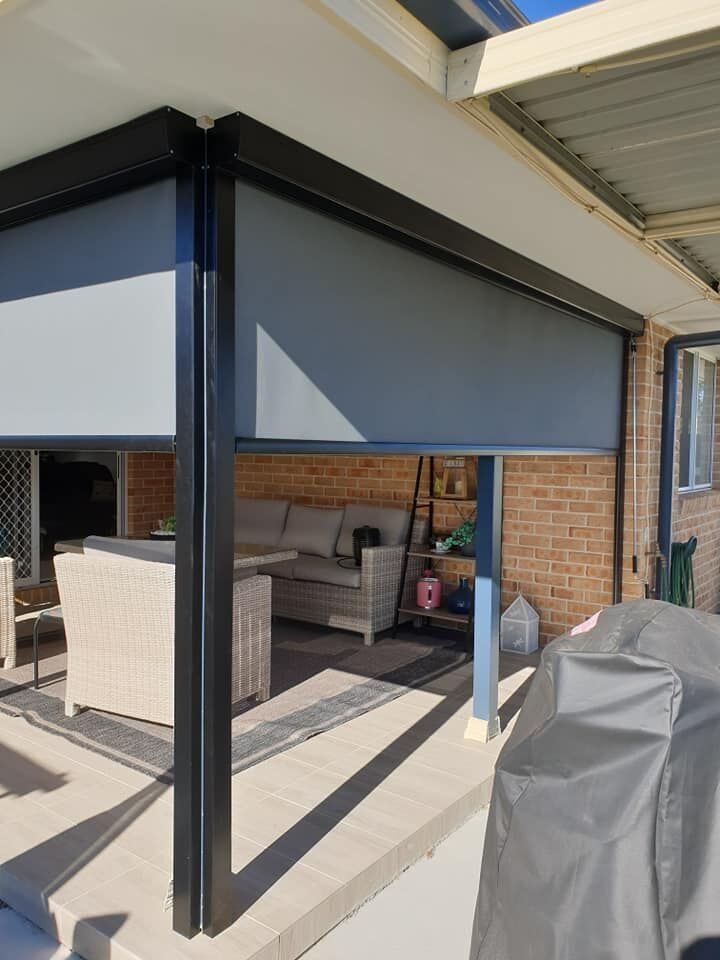 Outdoor patio with straight drop veranda awnings
