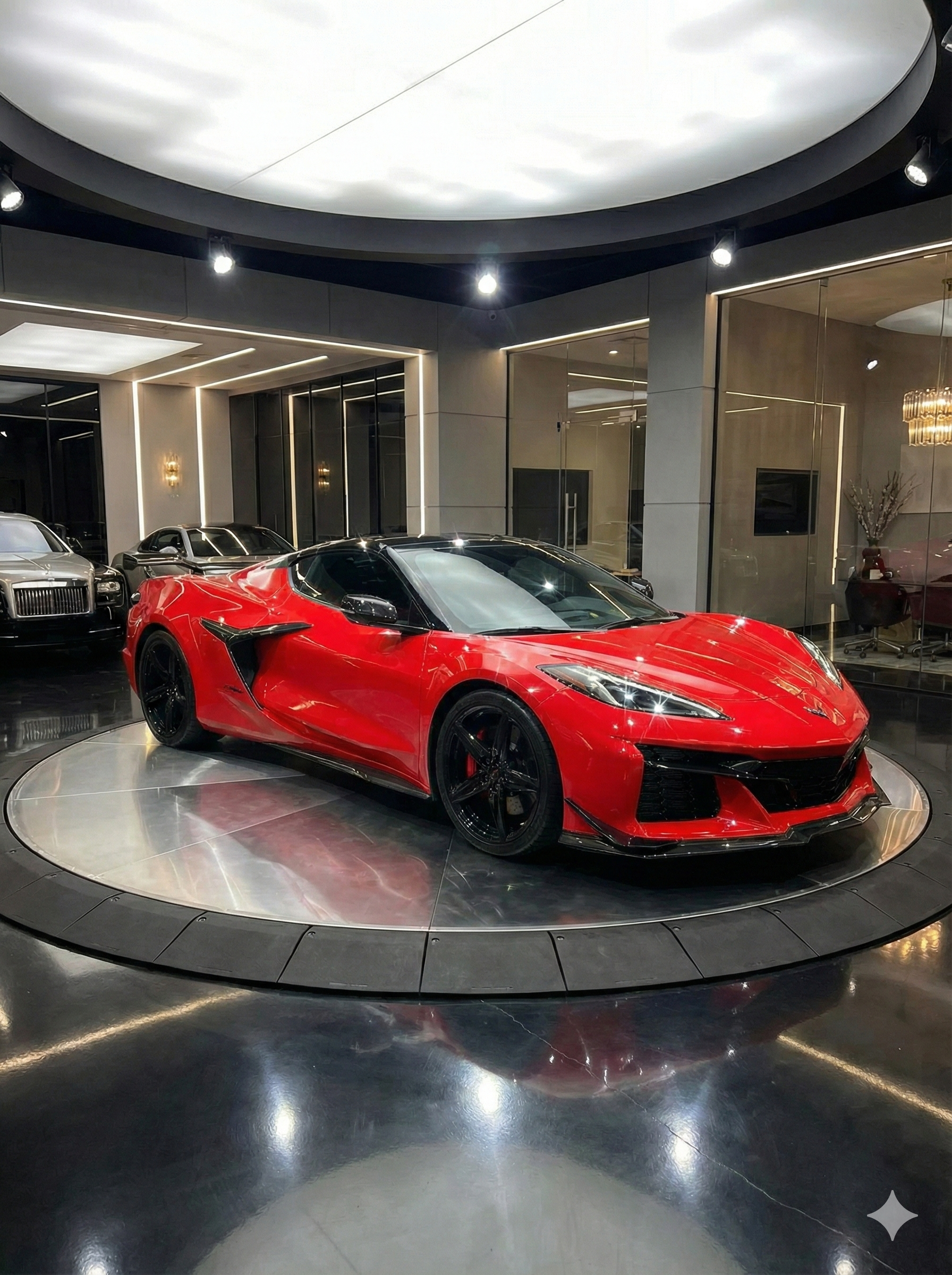 Red sports car on a rotating platform in a showroom, black accents, sleek design.