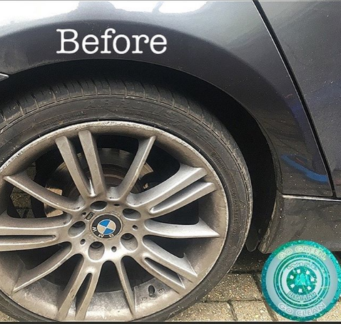 A close up of a car wheel with the word before written on it