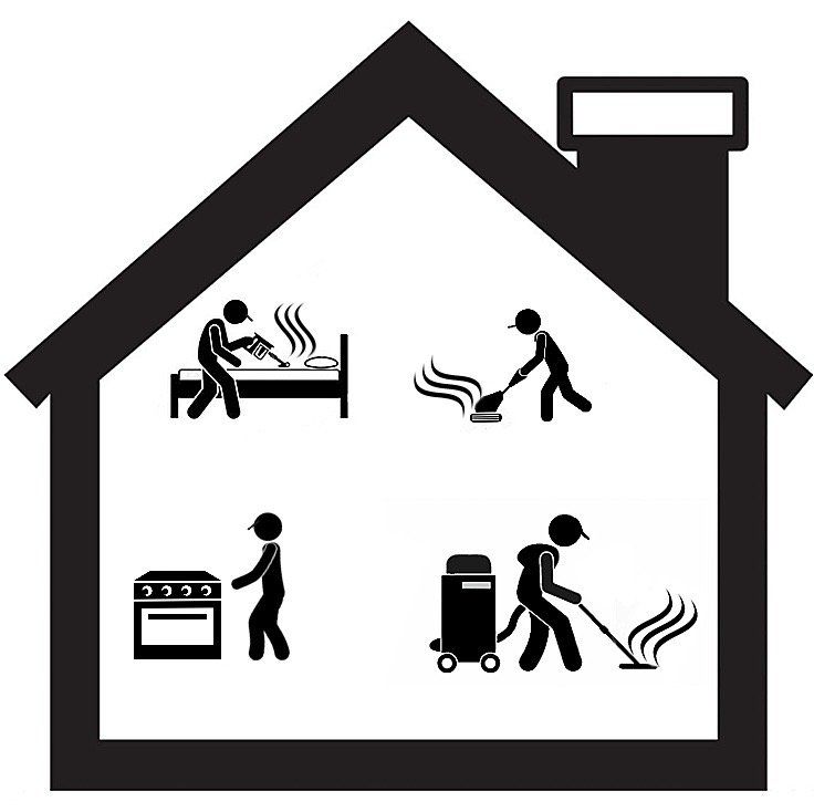 A black and white illustration of a house with people doing different things in it.