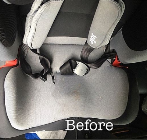 A joie car seat is shown before being cleaned