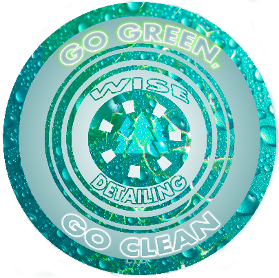 A logo for wise detailing that says go green go clean
