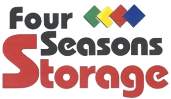 Logo for Four Seasons Storage, featuring text and four colored diamond shapes.