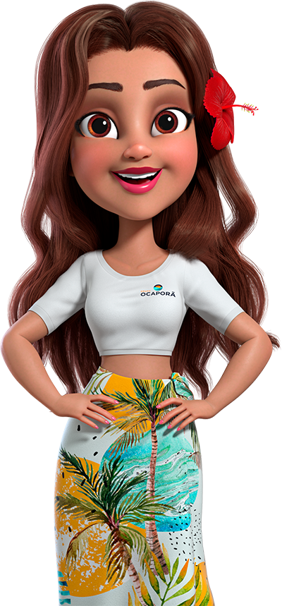 Uma garota de desenho animado com uma flor no cabelo está de pé com as mãos na cintura.