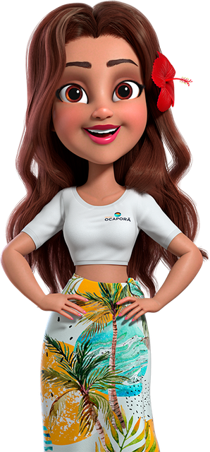 Uma garota de desenho animado com uma flor no cabelo está de pé com as mãos na cintura.