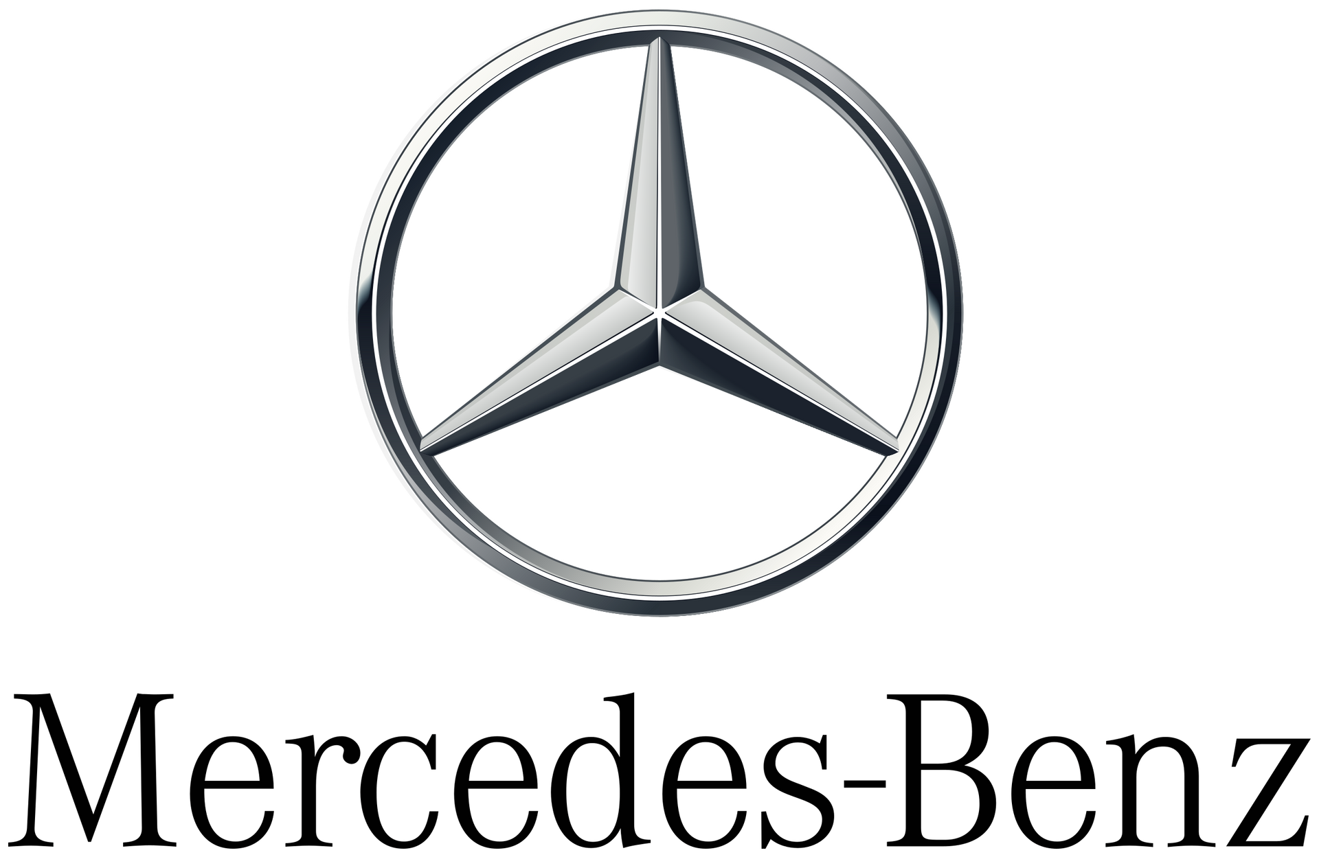 Logo Mercedes-Benz: una stella argentata a tre punte all'interno di un cerchio, con il nome del marchio sotto.
