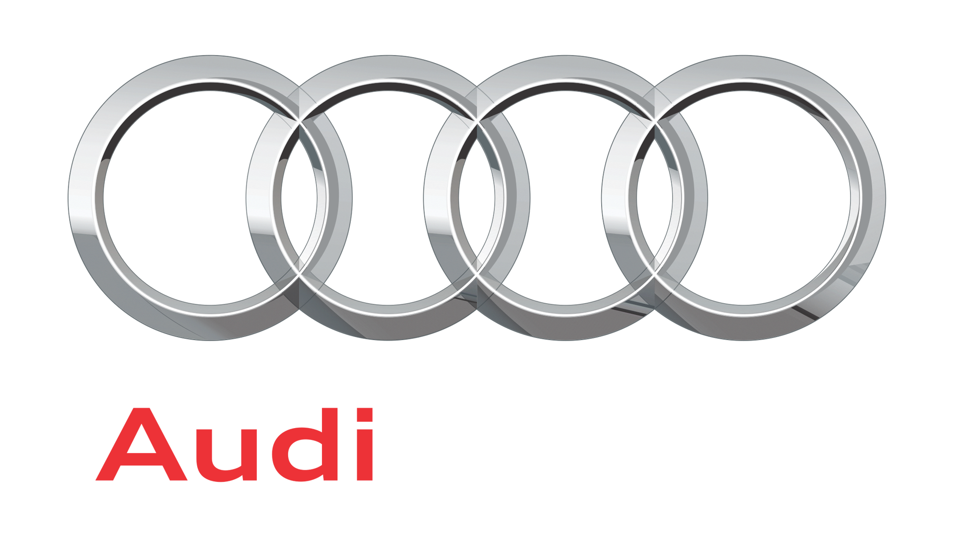 Logo Audi: quattro anelli argentati intrecciati sopra il nome del marchio