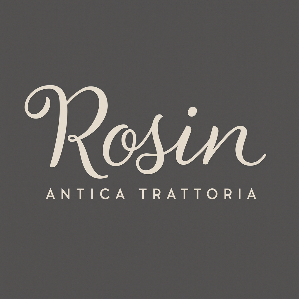 Logo Rosin Antica Trattoria in corsivo bianco su sfondo grigio.