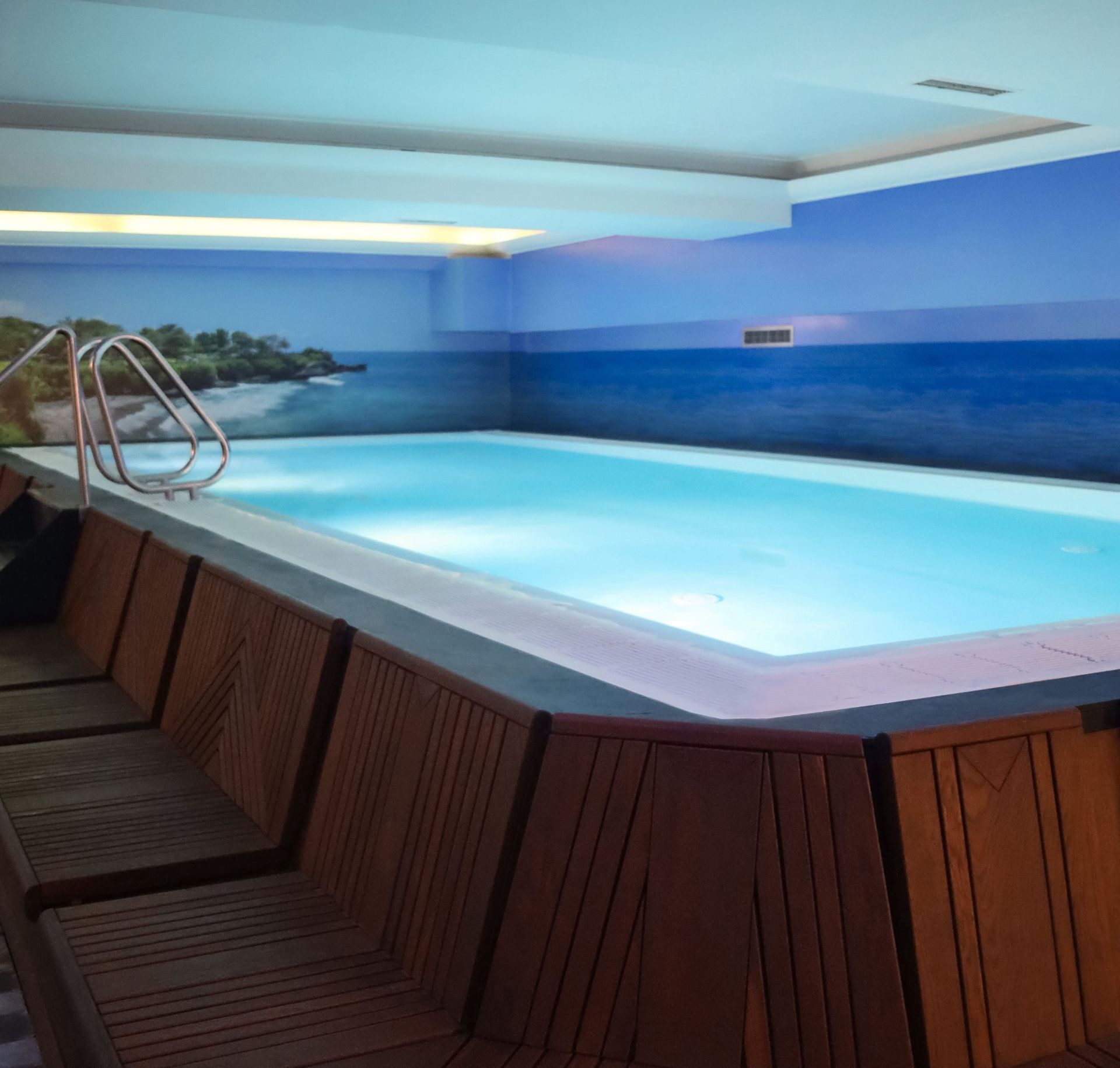 a large swimming pool with a picture of the ocean on the wall