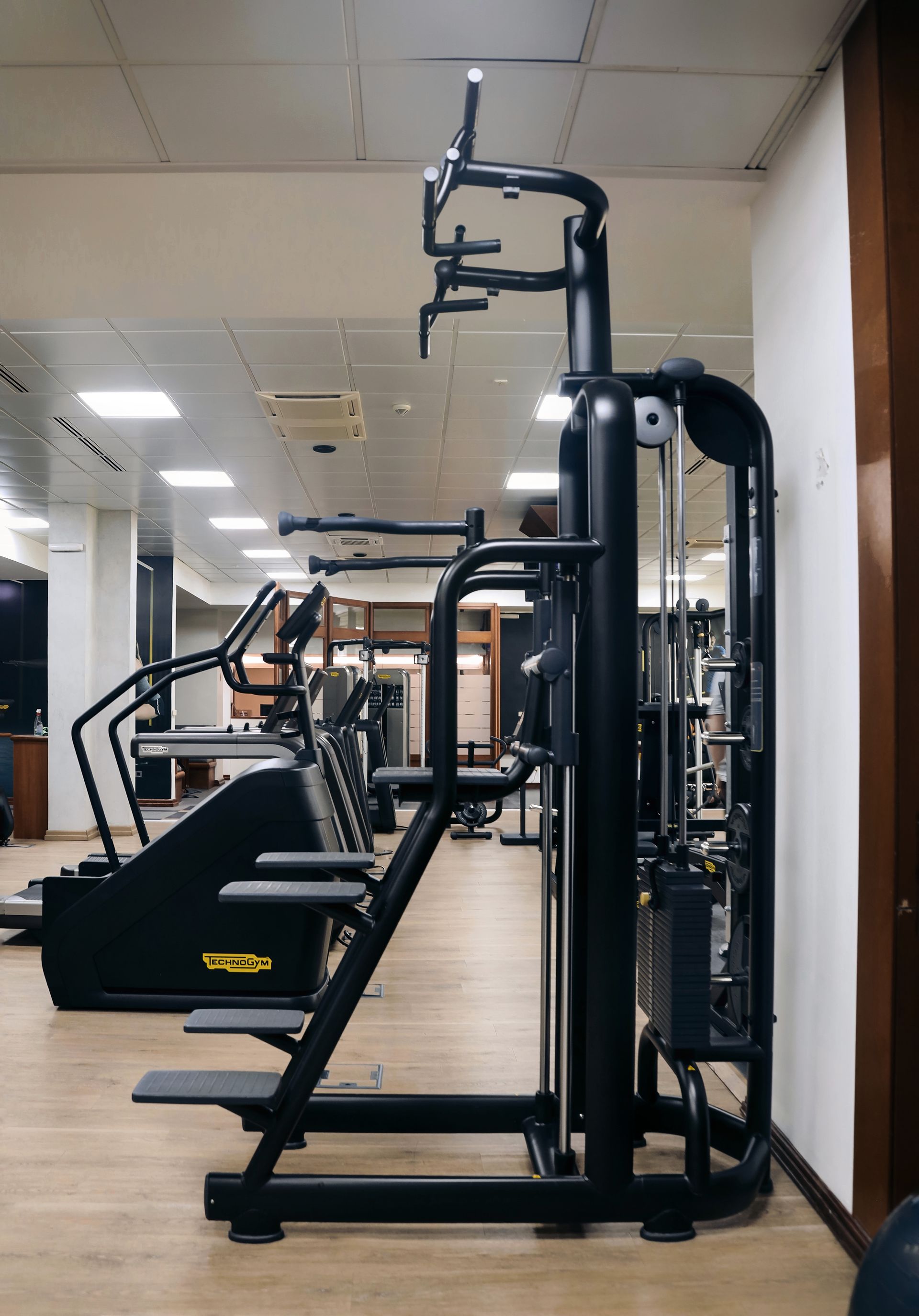 a gym with a lot of exercise equipment including a pull up machine