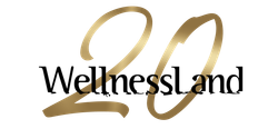 a gold and black logo for wellnessland