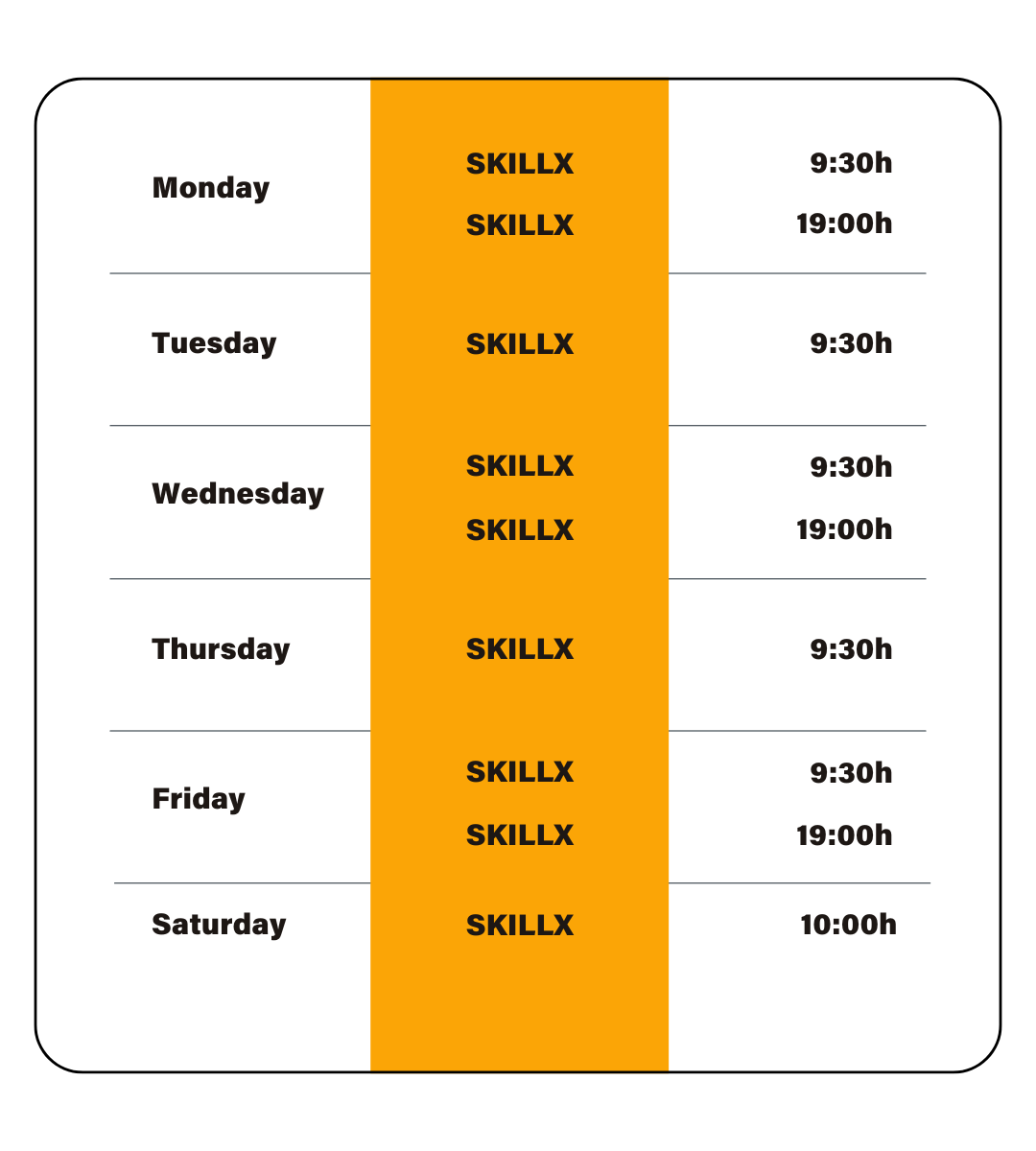 a table showing the time of each day of the week