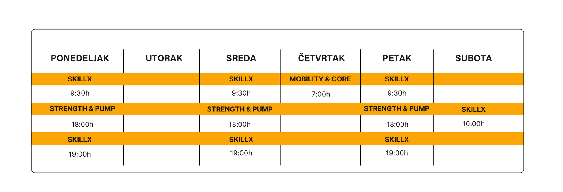 SkillX group class schedule