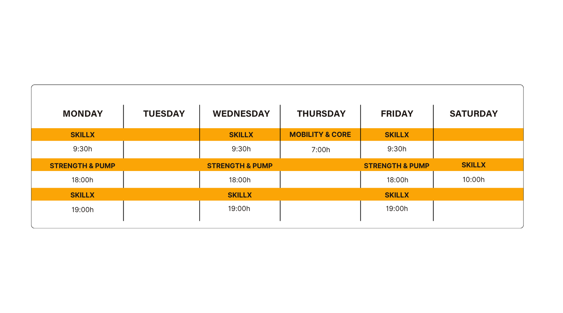 SkillX group class schedule