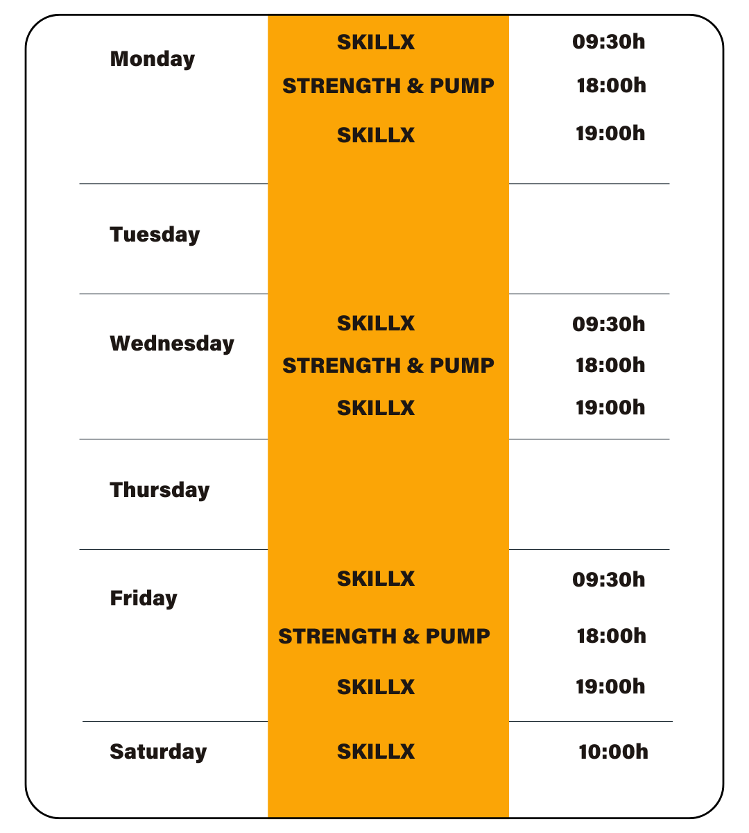 a table showing the time of each day of the week