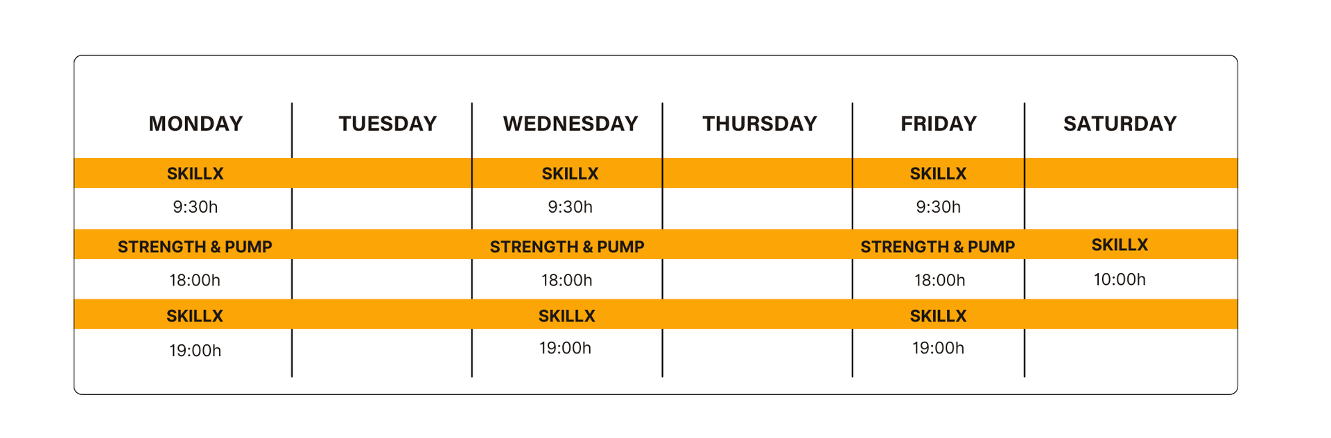 SkillX group class schedule