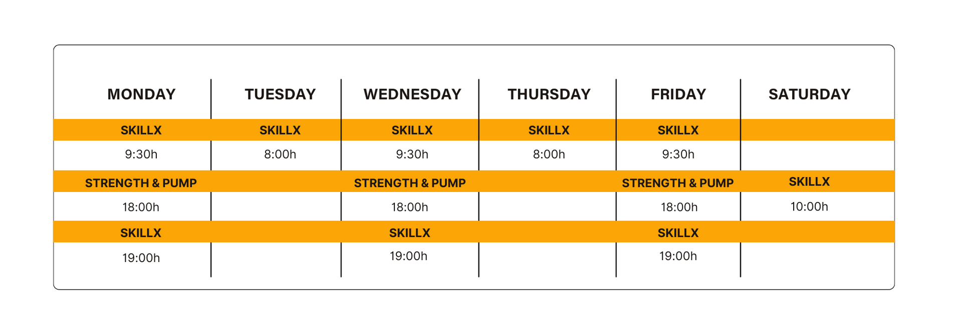 SkillX group class schedule
