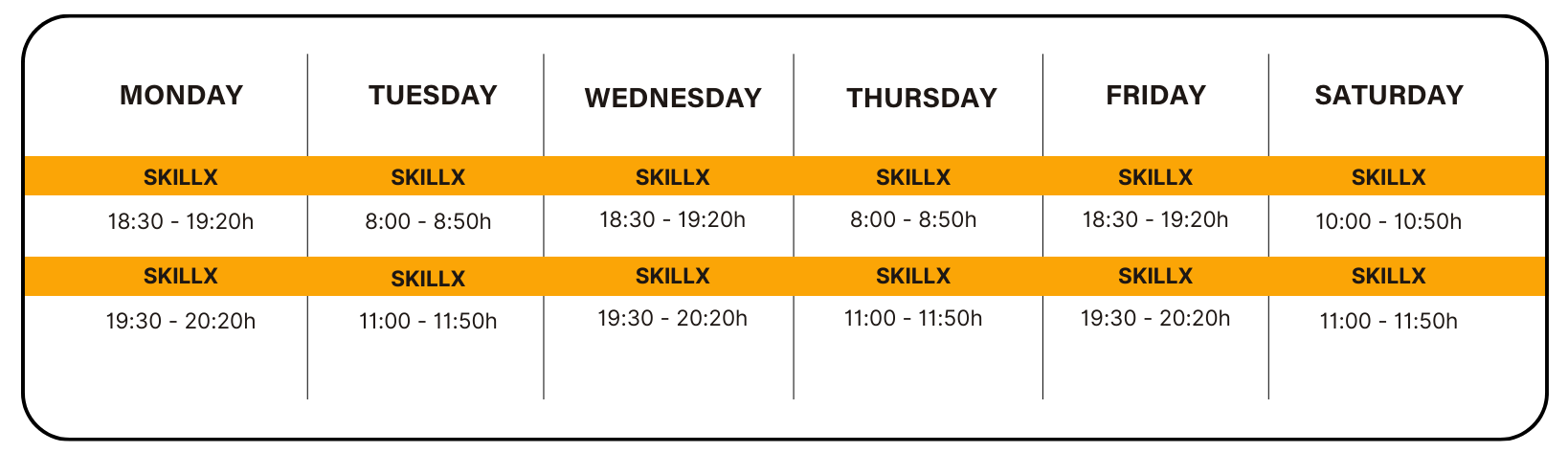 SkillX group class schedule