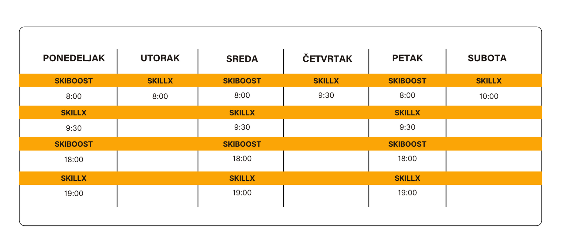 SkillX group class schedule