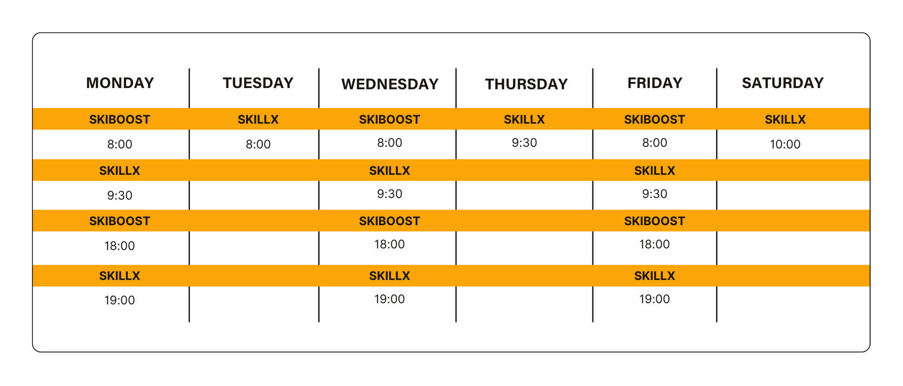 SkillX group class schedule