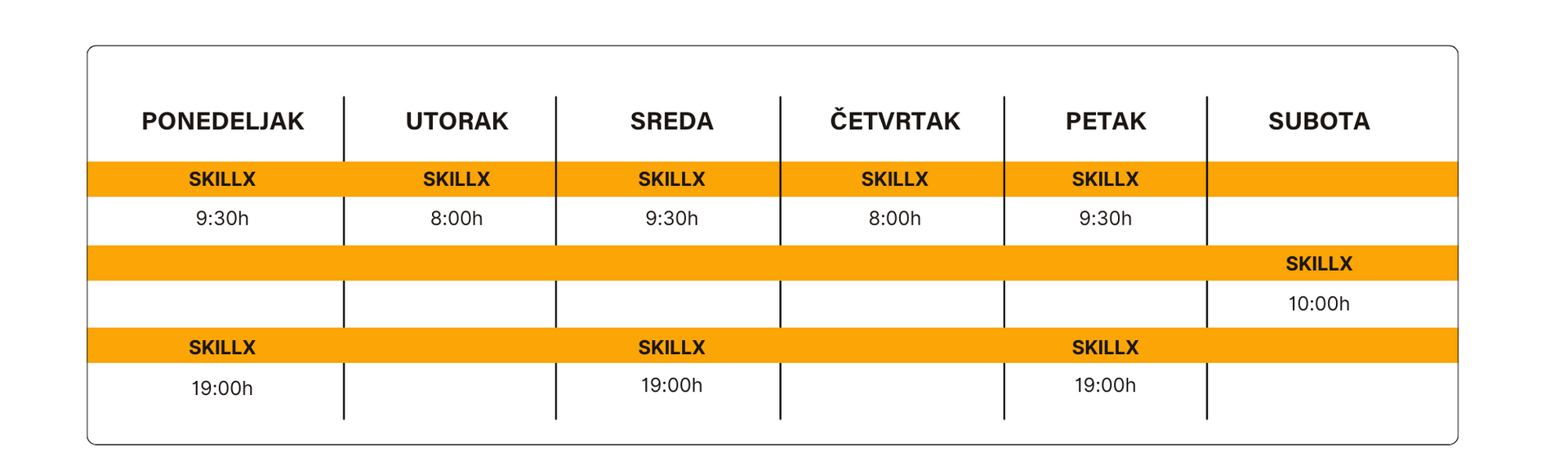 SkillX group class schedule