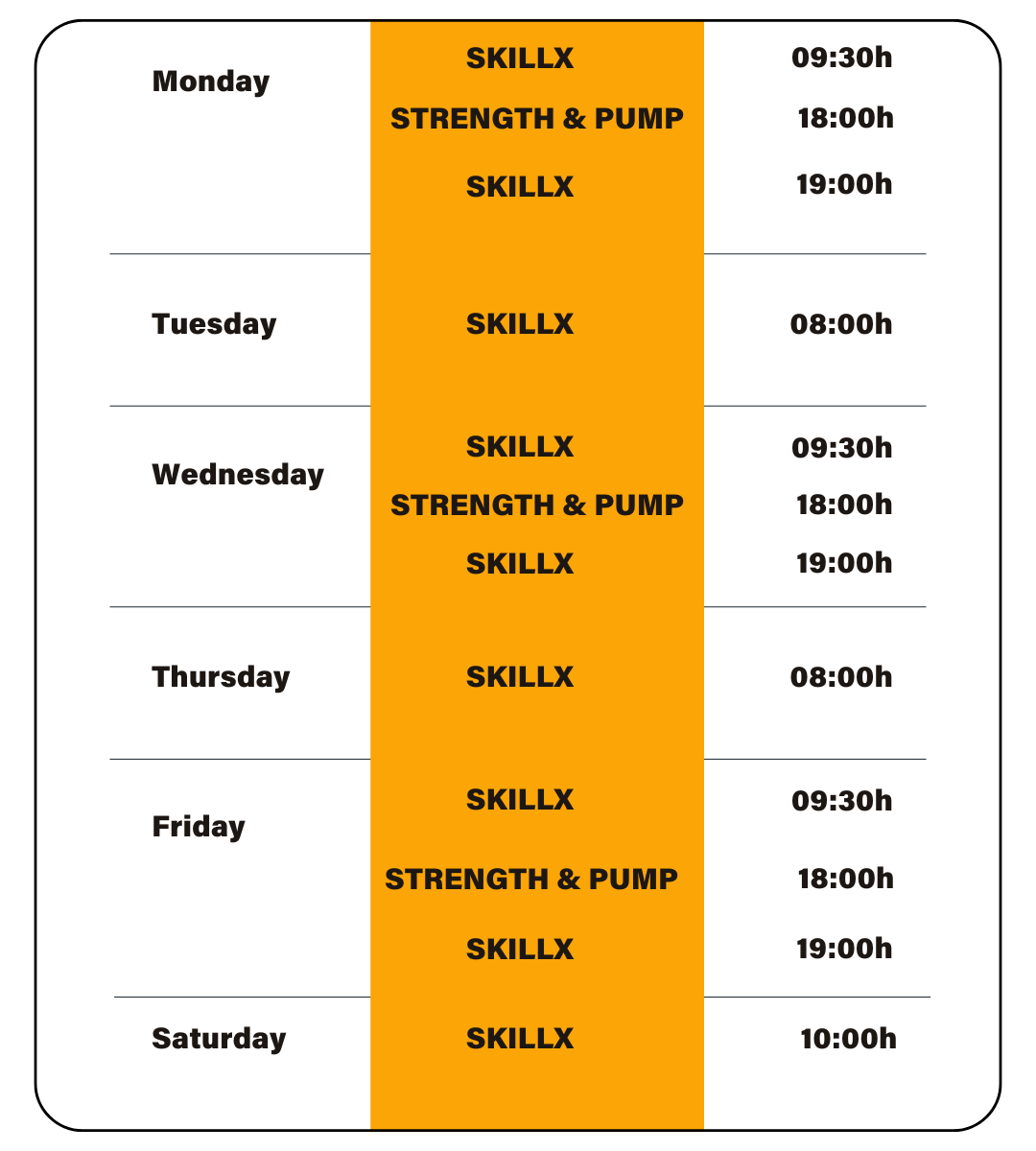 a table showing the time of each day of the week