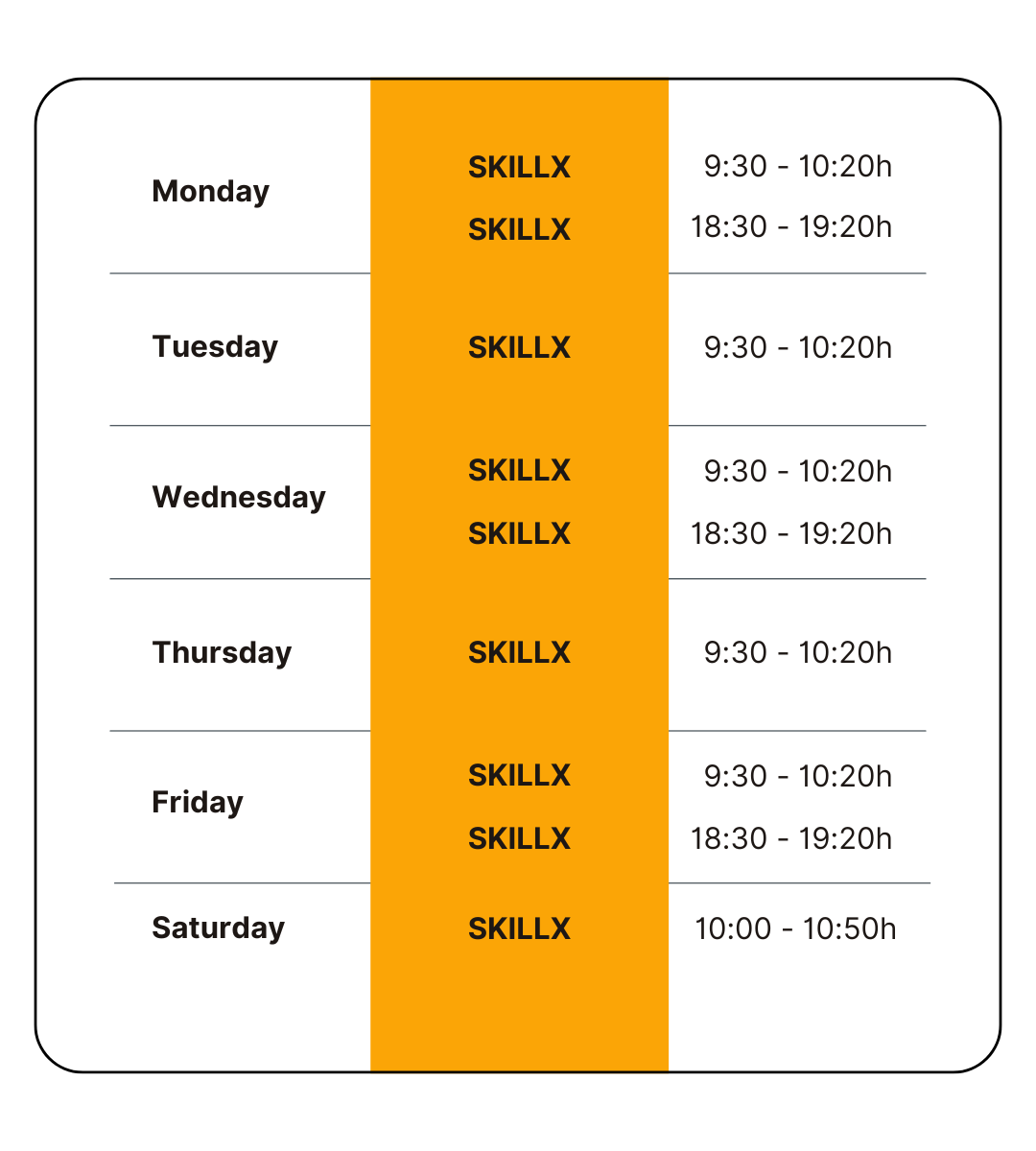 a table showing the time of each day of the week