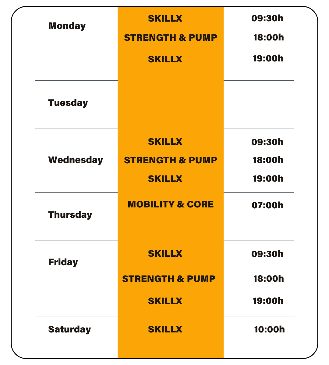 a table showing the time of each day of the week