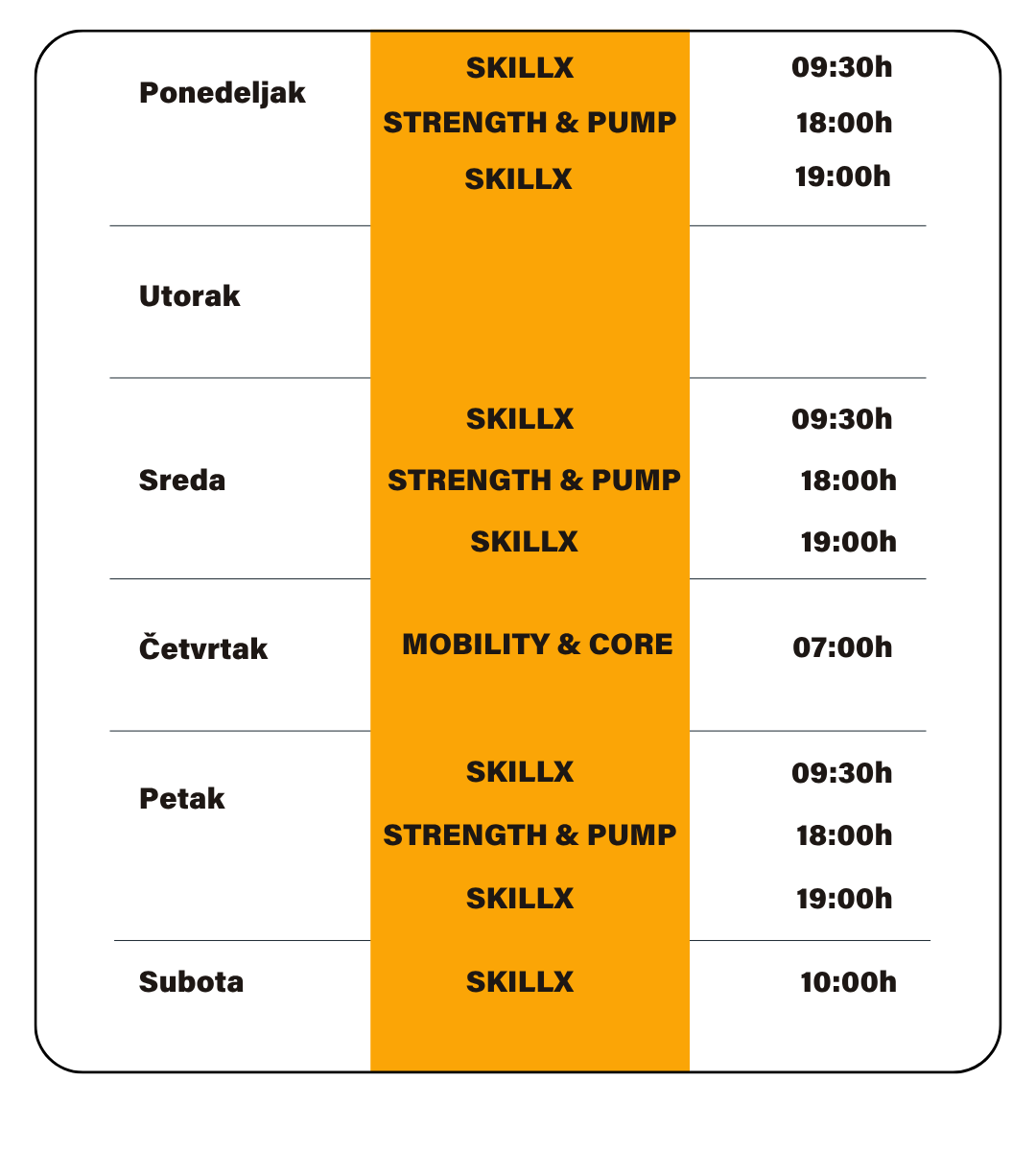 a table showing the time of each day of the week