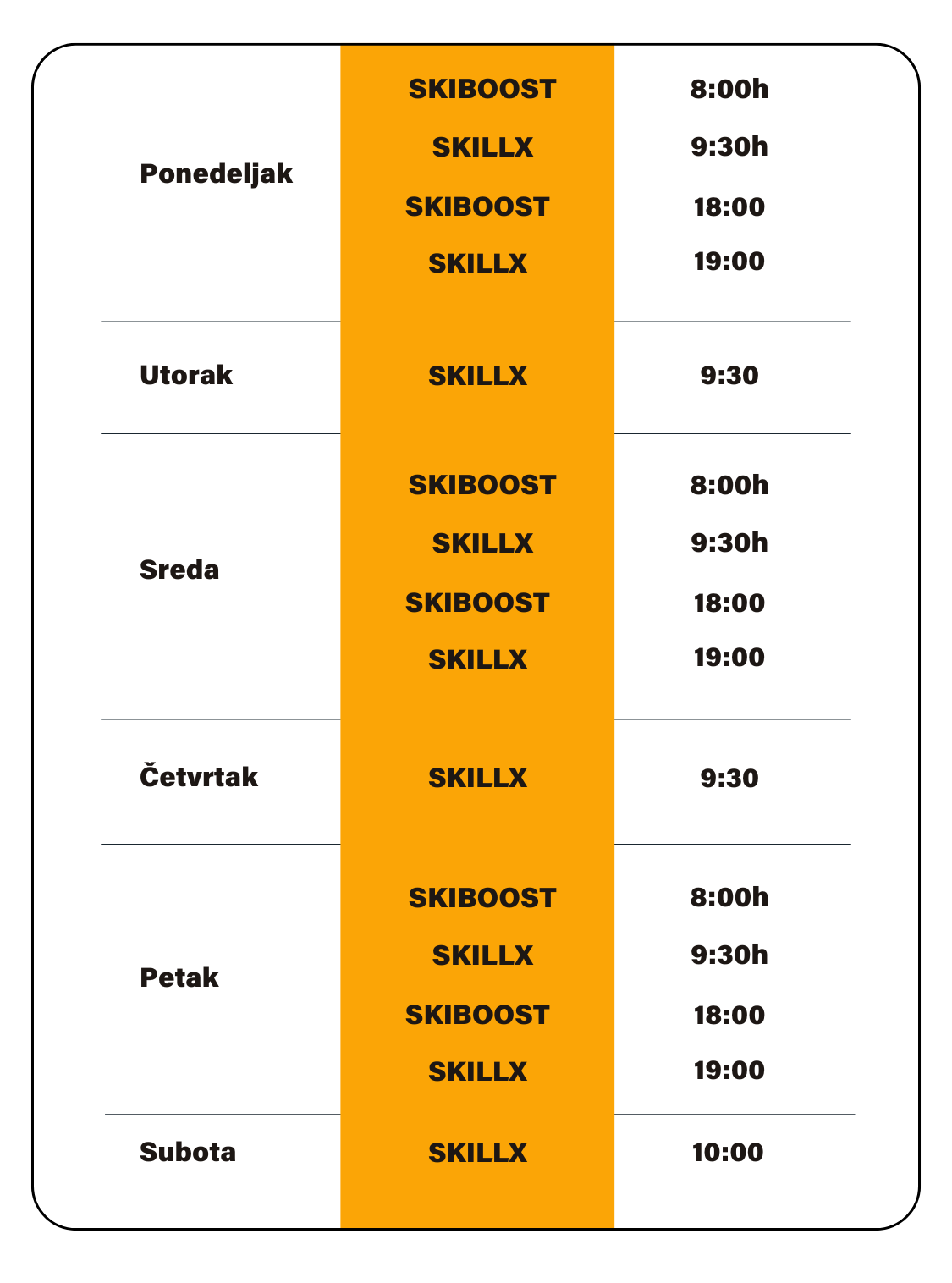 SkillX Class Schedule at Sky Experience