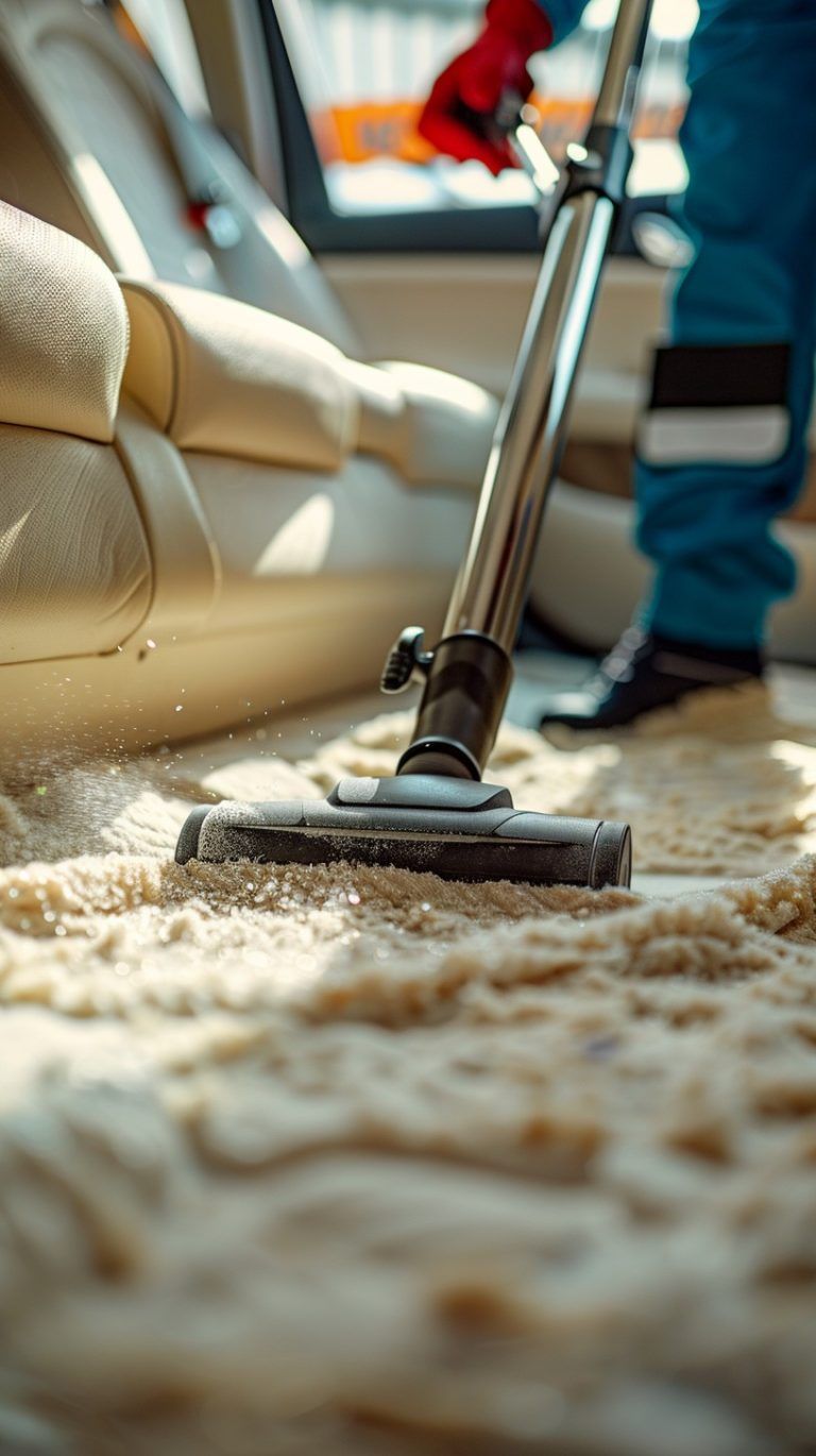 A Person is Using a Vacuum Cleaner to Clean the Carpet in a Car — Bali Green Cleaners in Winnellie, NT