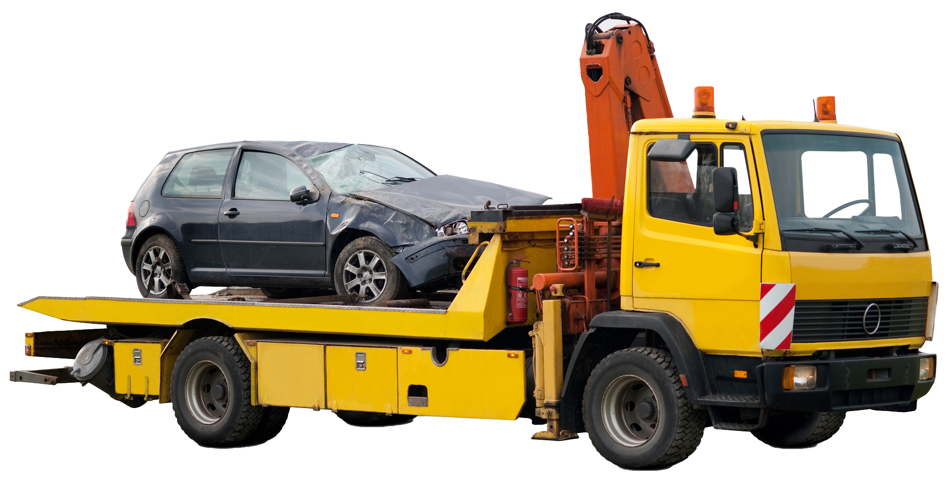 A yellow tow truck with a wrecked dark grey car on its flatbed.