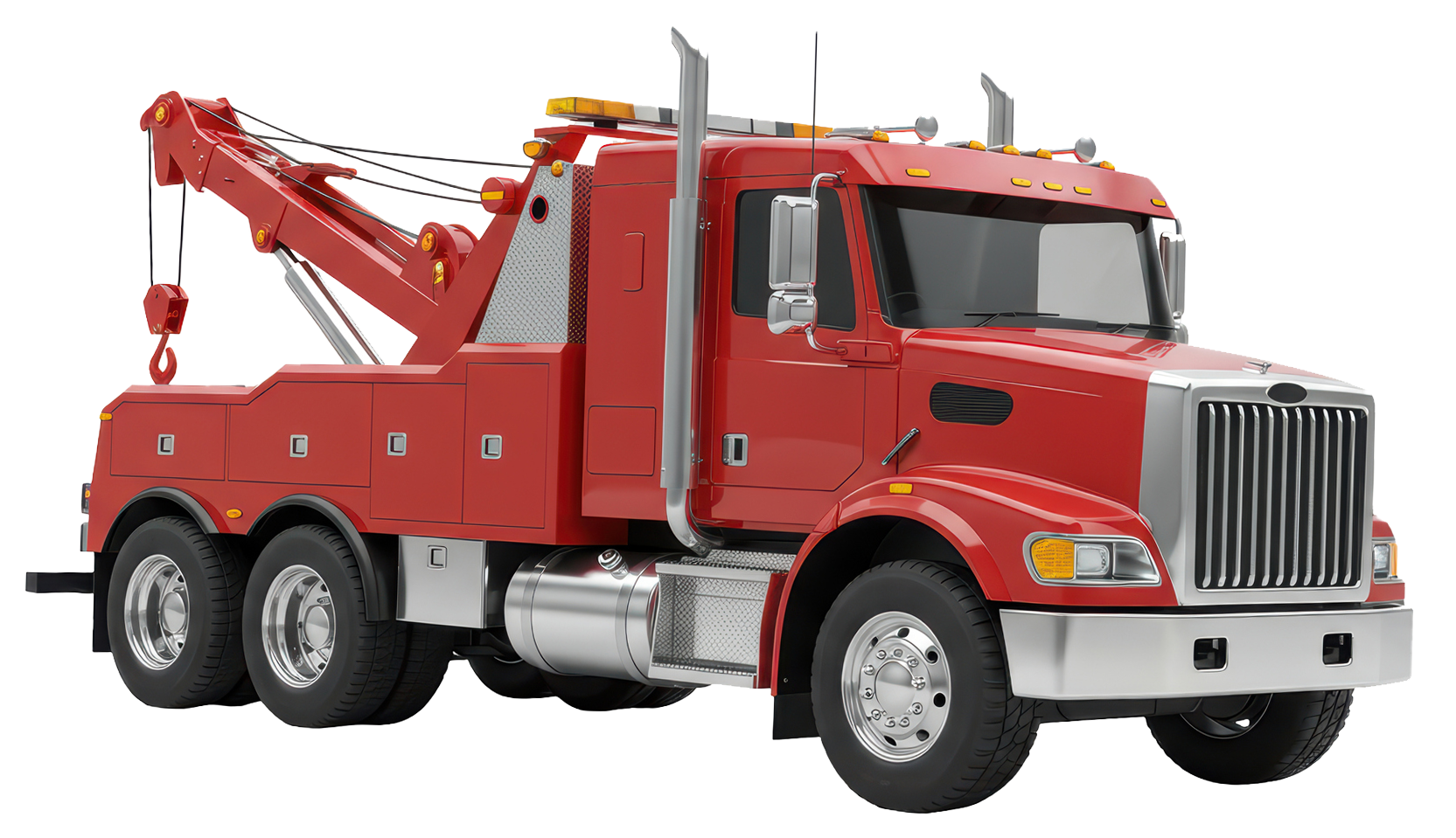 Red tow truck with boom extended, ready to tow.