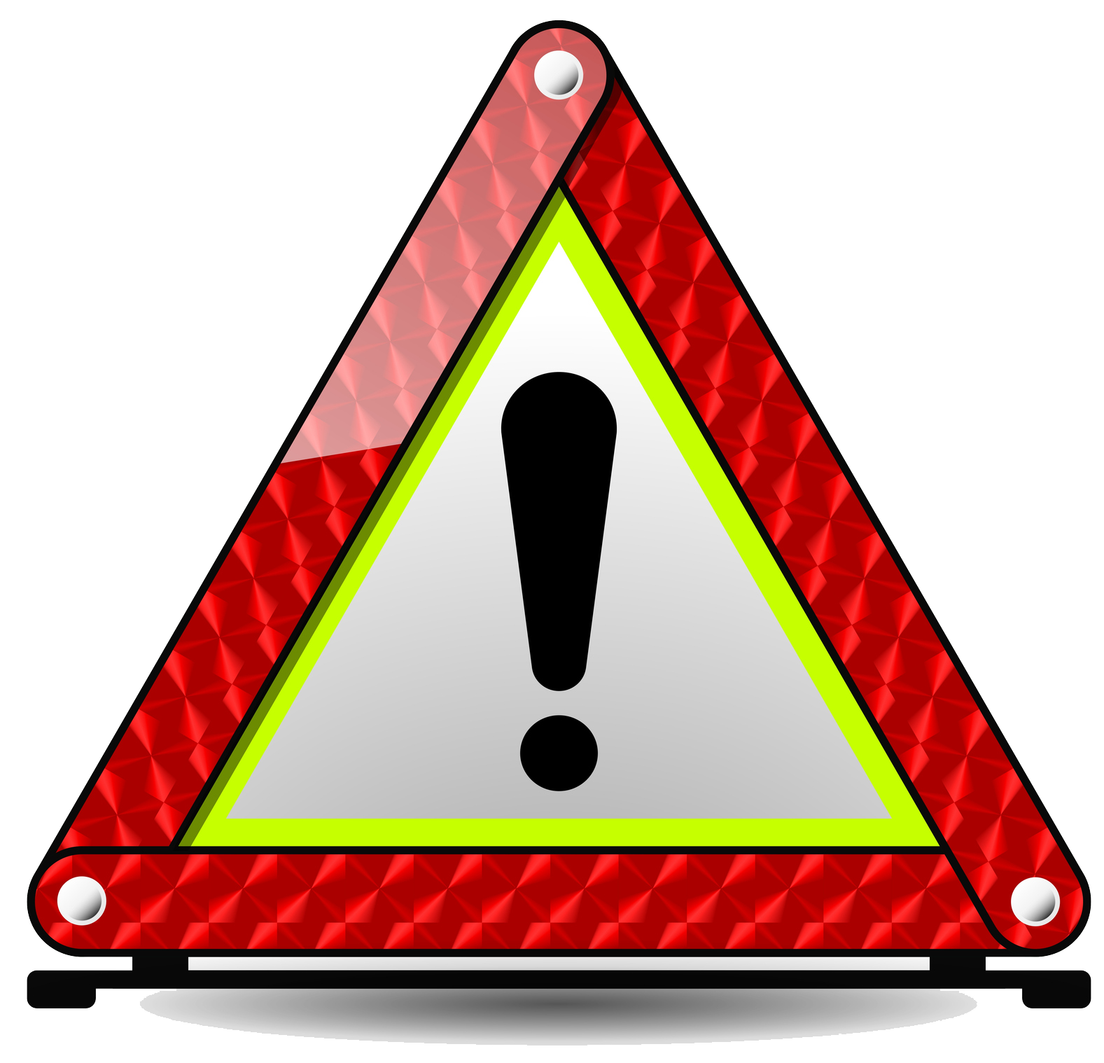 Warning triangle, red and reflective with a black exclamation point.
