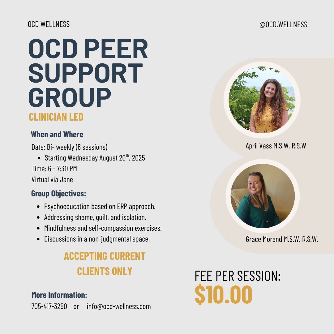 Poster for an OCD peer support group, clinician-led, $10 fee. Includes photos of the clinicians and contact info.