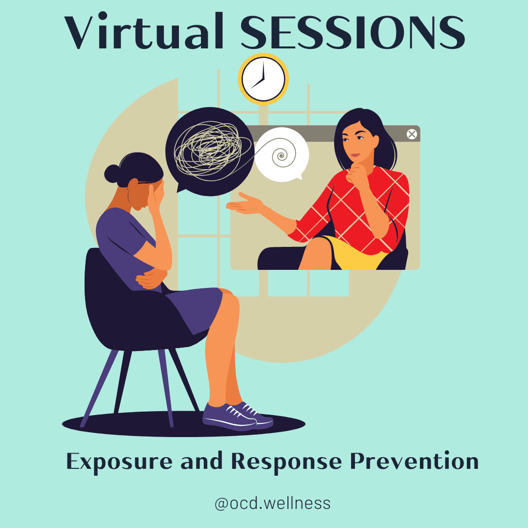 Virtual therapy session: Therapist on screen; client sits, head in hands, with thought bubbles.
