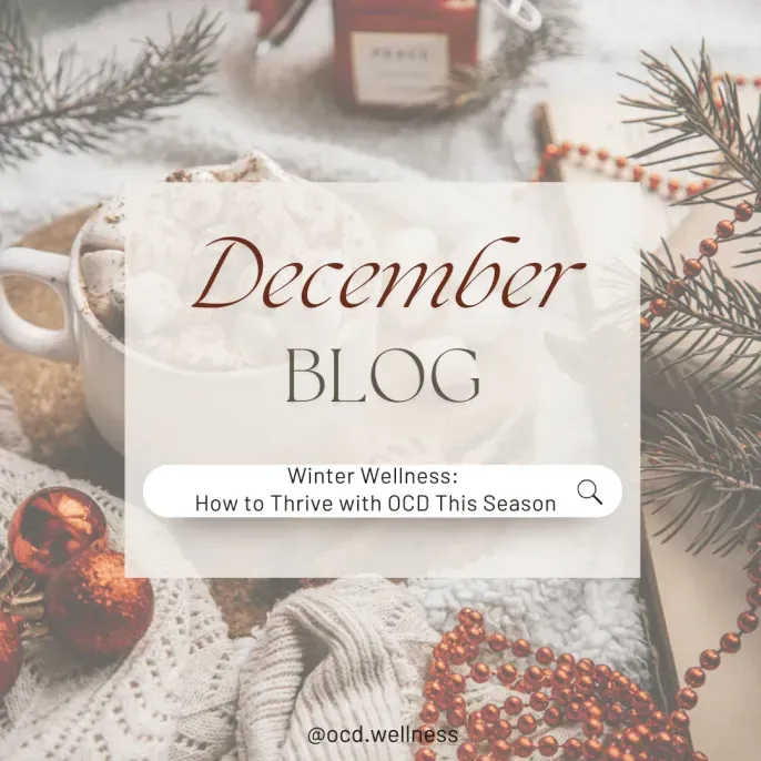 Cozy December blog graphic: cup of cocoa, ornaments, sweater, and