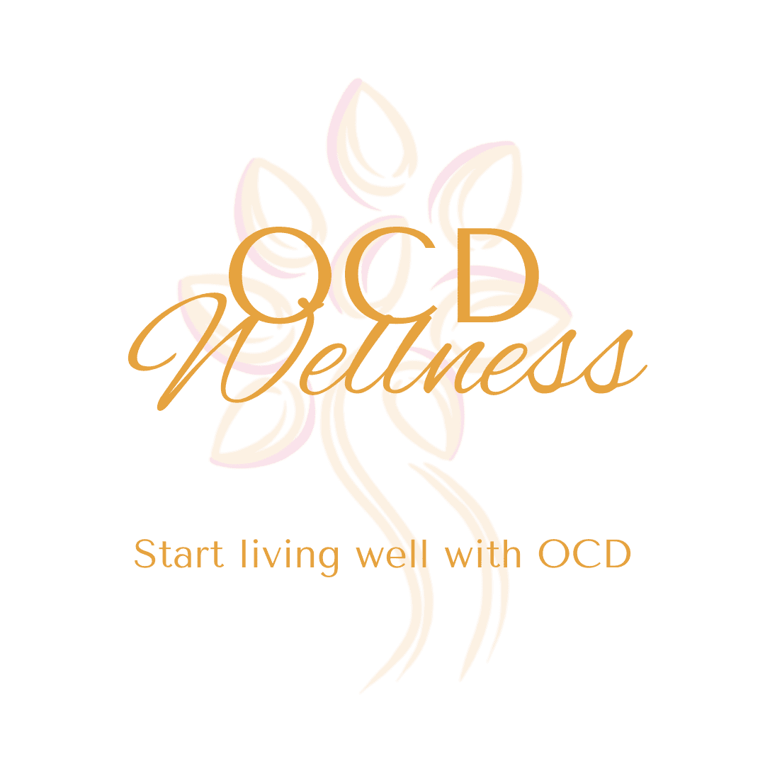 Logo for OCD Wellness, featuring gold text and a stylized floral design in soft orange.