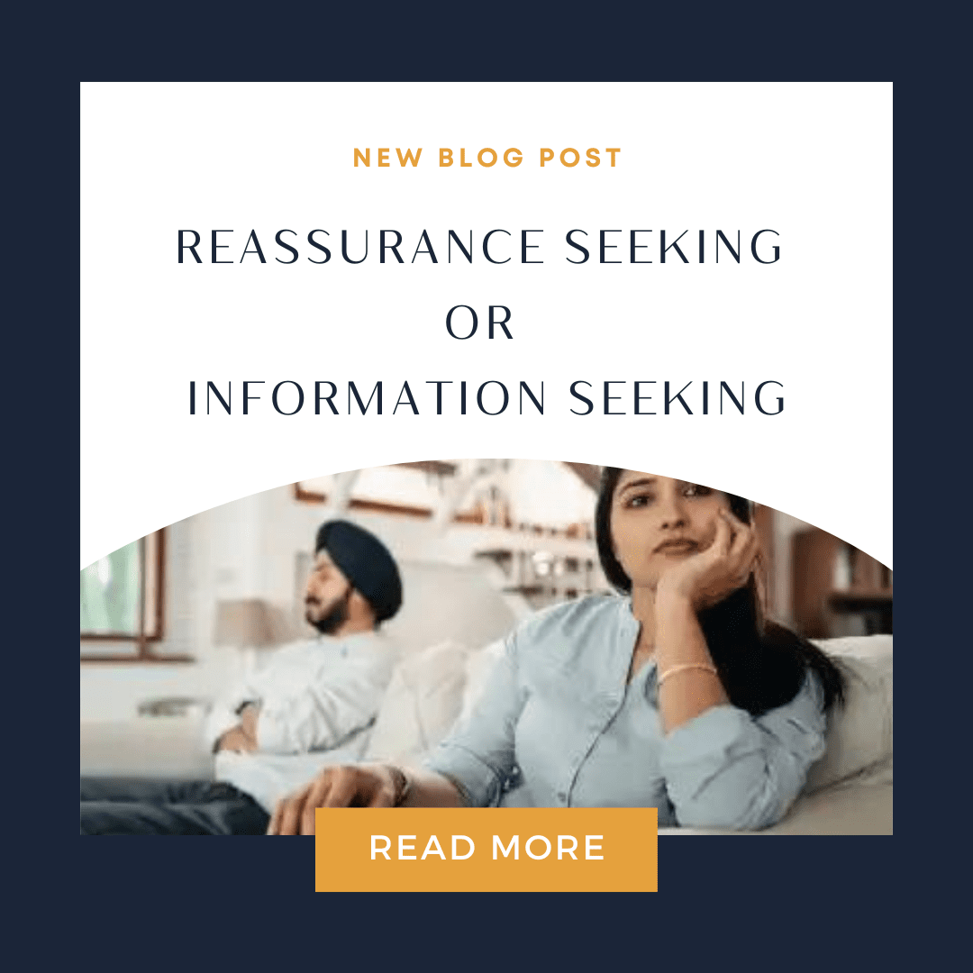 Blog post about reassurance or information seeking. Couple on a sofa, one looking thoughtful. Orange