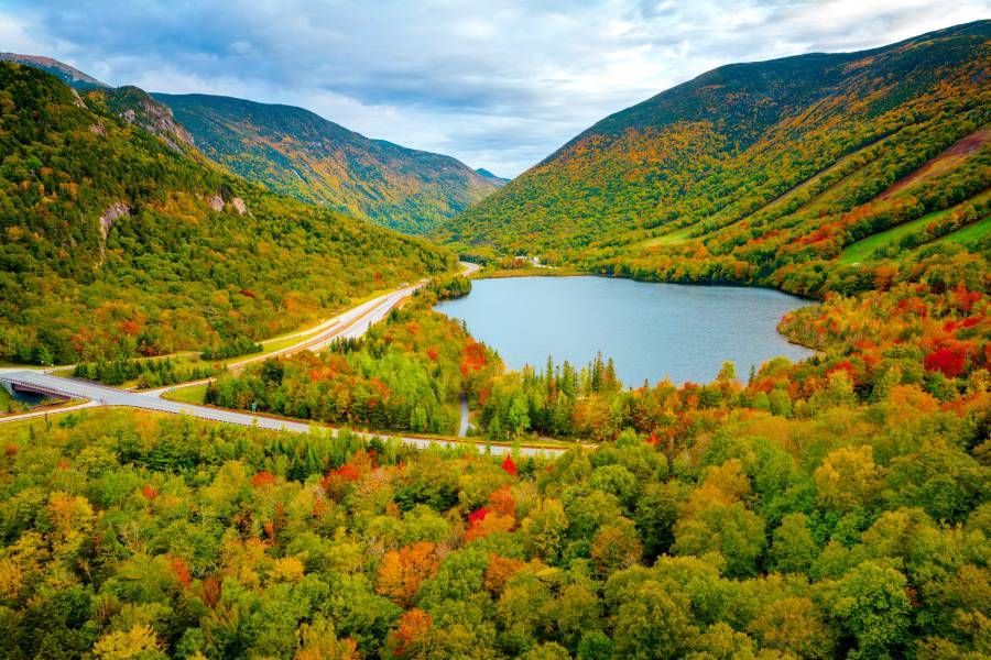 An aerial view of a lake surrounded by mountains and trees.