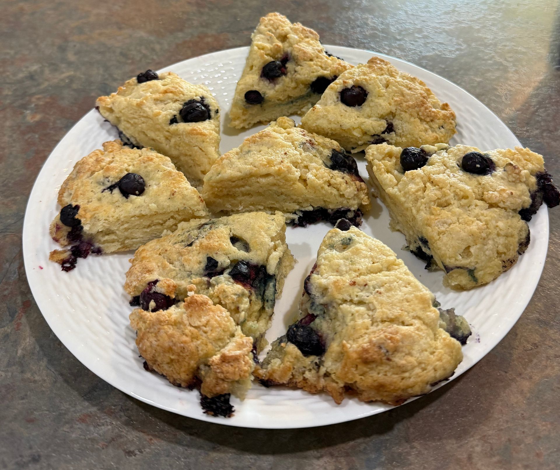 A white plate topped with blueberry scones on a table.