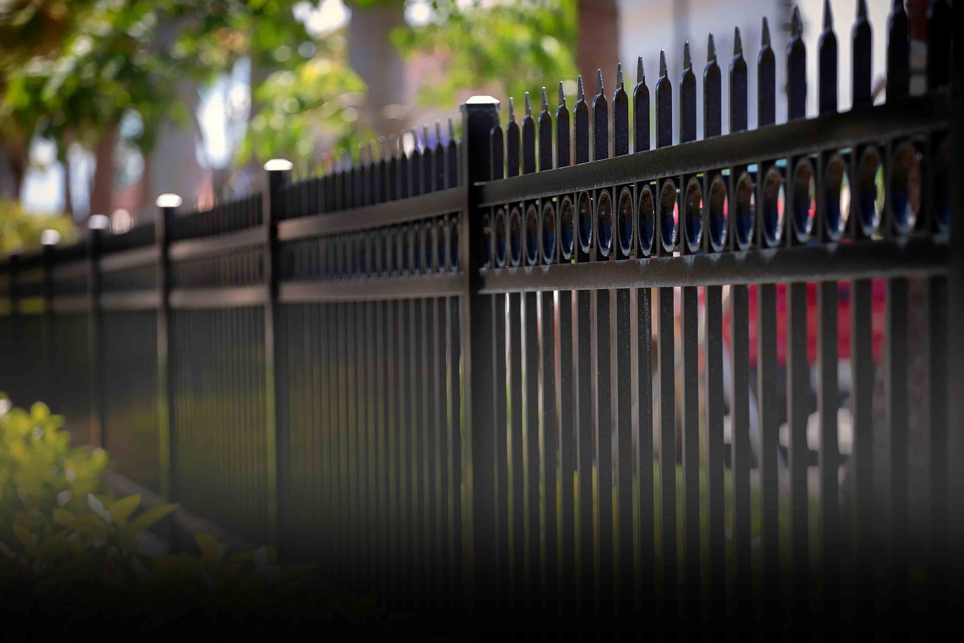 Black metal fence with decorative top in front of greenery.