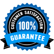 A customer satisfaction guarantee badge with a blue ribbon