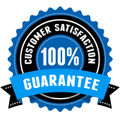 A blue and black customer satisfaction guarantee badge with a blue ribbon.