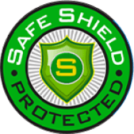 A green safe shield protected logo with a shield in the center.