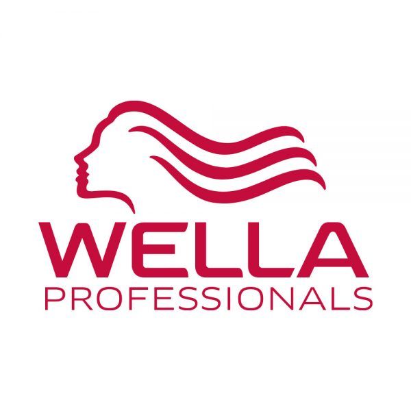 Logotipo de Wella Professionals. Silueta roja de una cabeza de mujer con cabello suelto sobre el nombre de la marca en rojo.