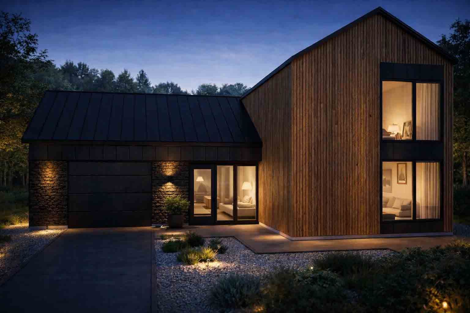 Une maison moderne à deux étages au crépuscule, avec un bardage en bois vertical, un toit sombre, des éléments en pierre et un éclairage intérieur chaleureux.