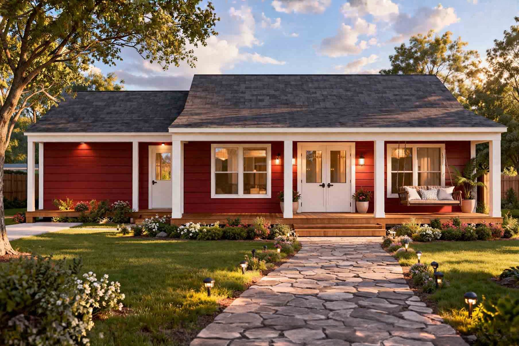 Une maison rouge de plain-pied avec un porche à colonnes blanches, une allée en pierre et un jardin luxuriant au coucher du soleil.