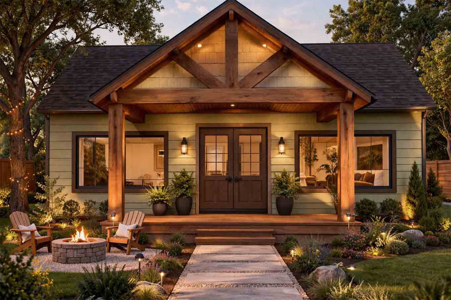 Un chalet confortable avec un revêtement extérieur vert clair, une grande véranda à ossature bois, des portes doubles en bois et un foyer extérieur en pierre.