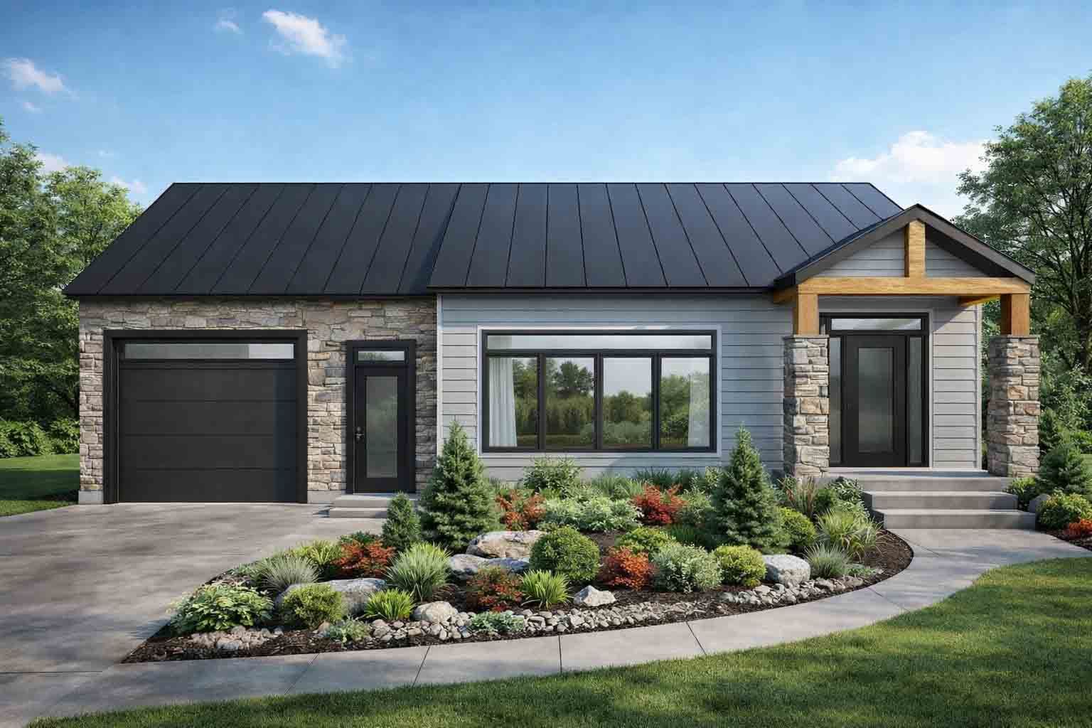 Maison de banlieue moderne de plain-pied avec un toit en métal foncé, des éléments en pierre, un bardage horizontal et un jardin paysager à l'avant.